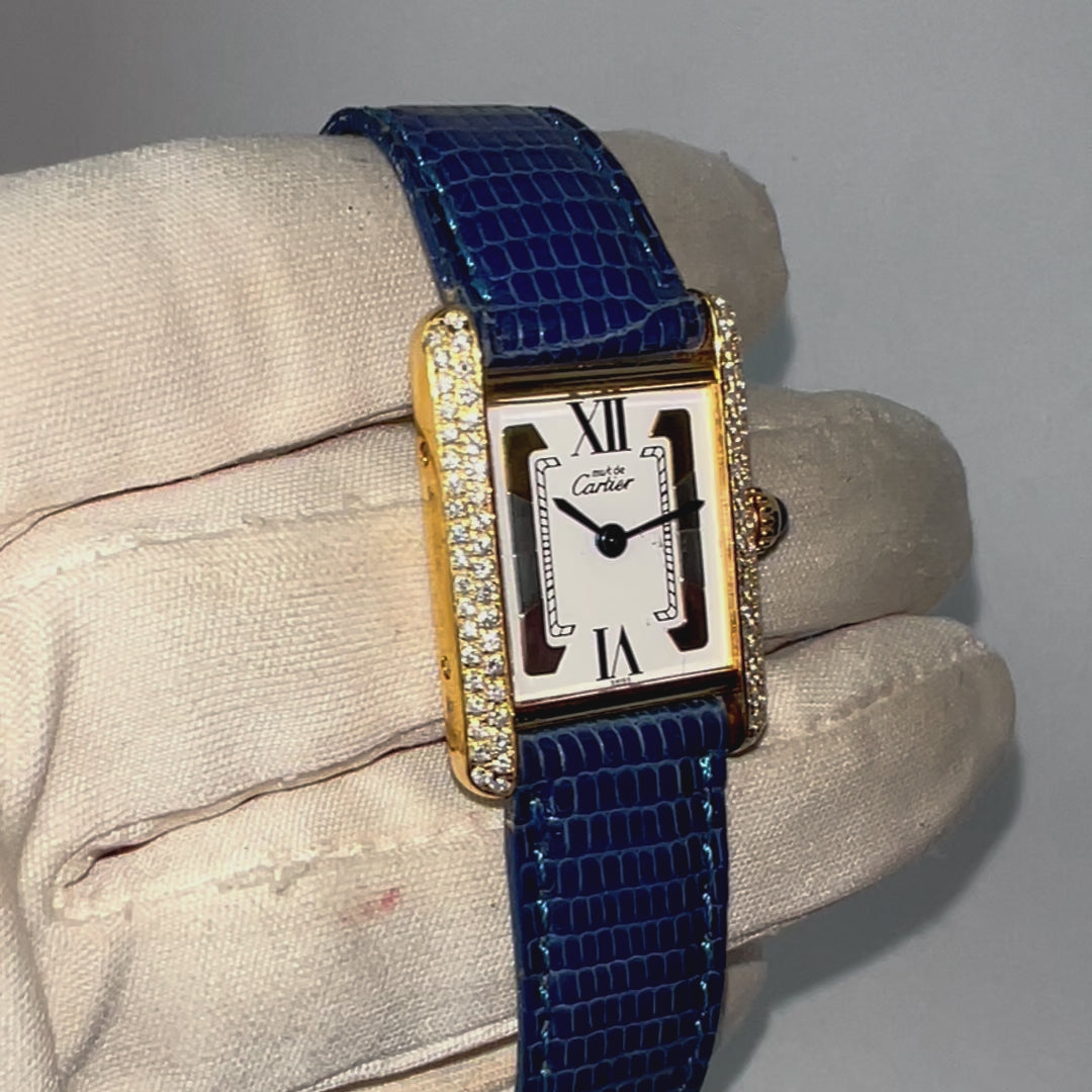 CARTIER TANK Quartz 21mm GP Silver 0.65TCW Diamond Watch | NATILUXIA