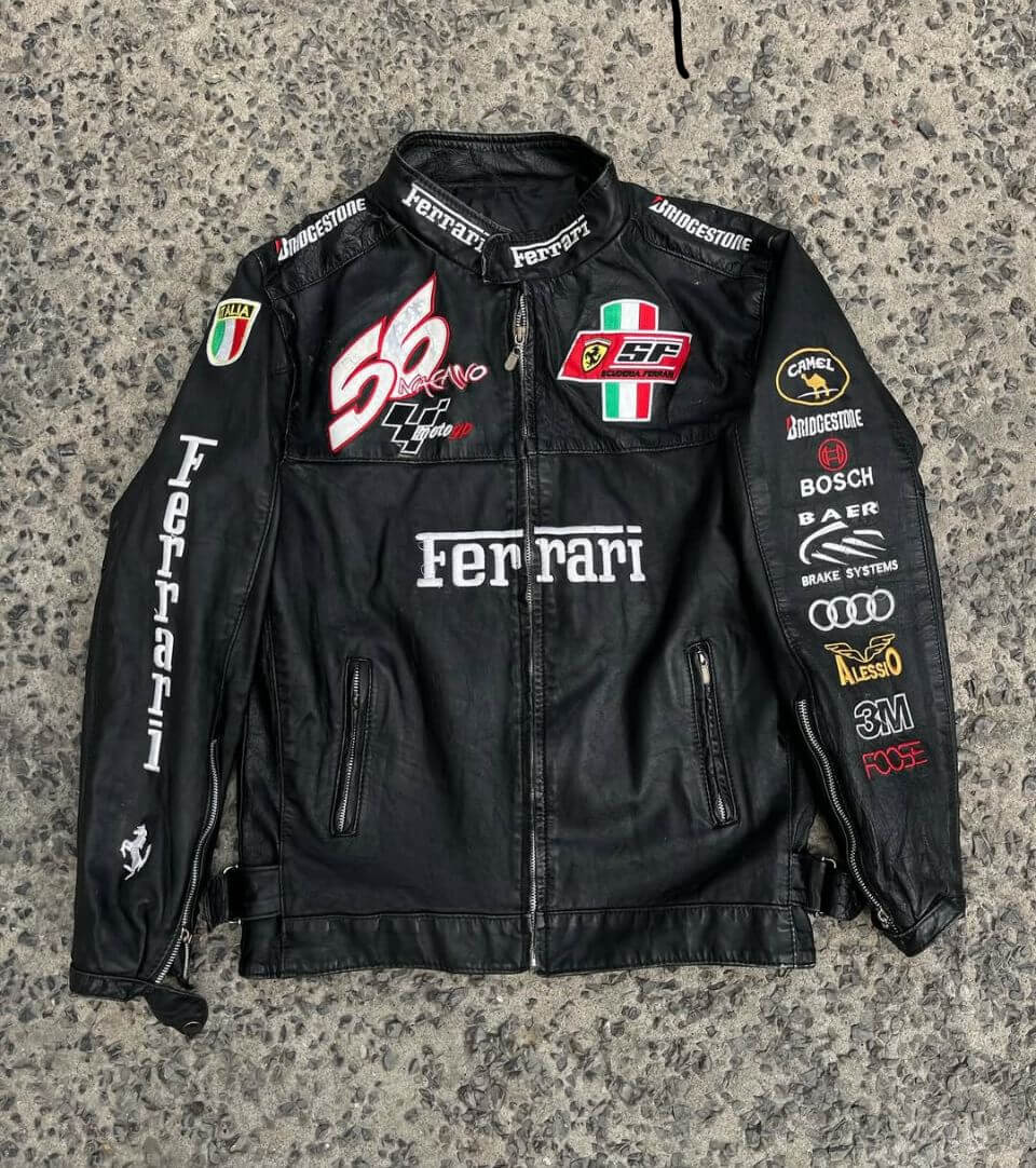 Black Ferrari Racing Leather Jacket – Vintage F1 Style