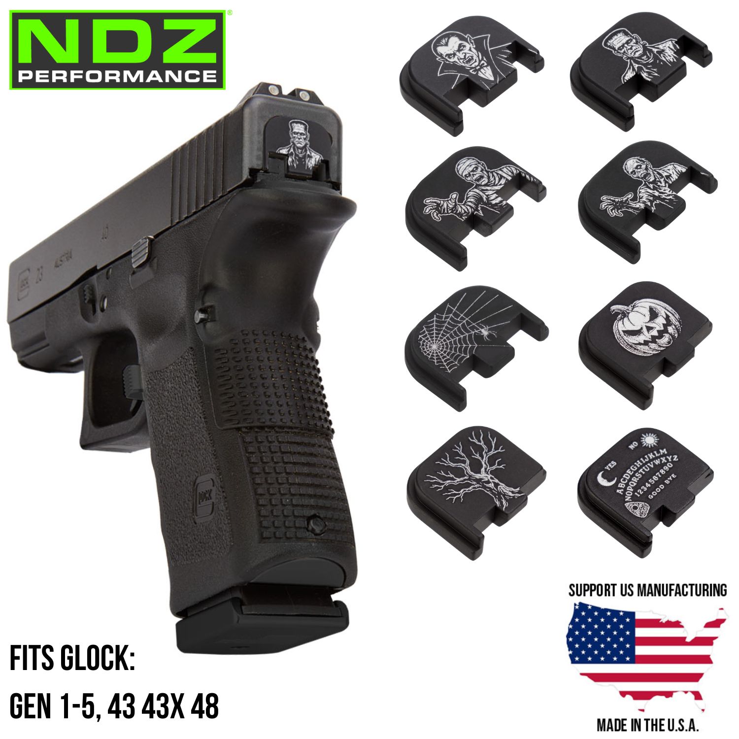 NDZ Glock 17 19 22 26 43X 45 48 Halloween Engraved Spooky Slide