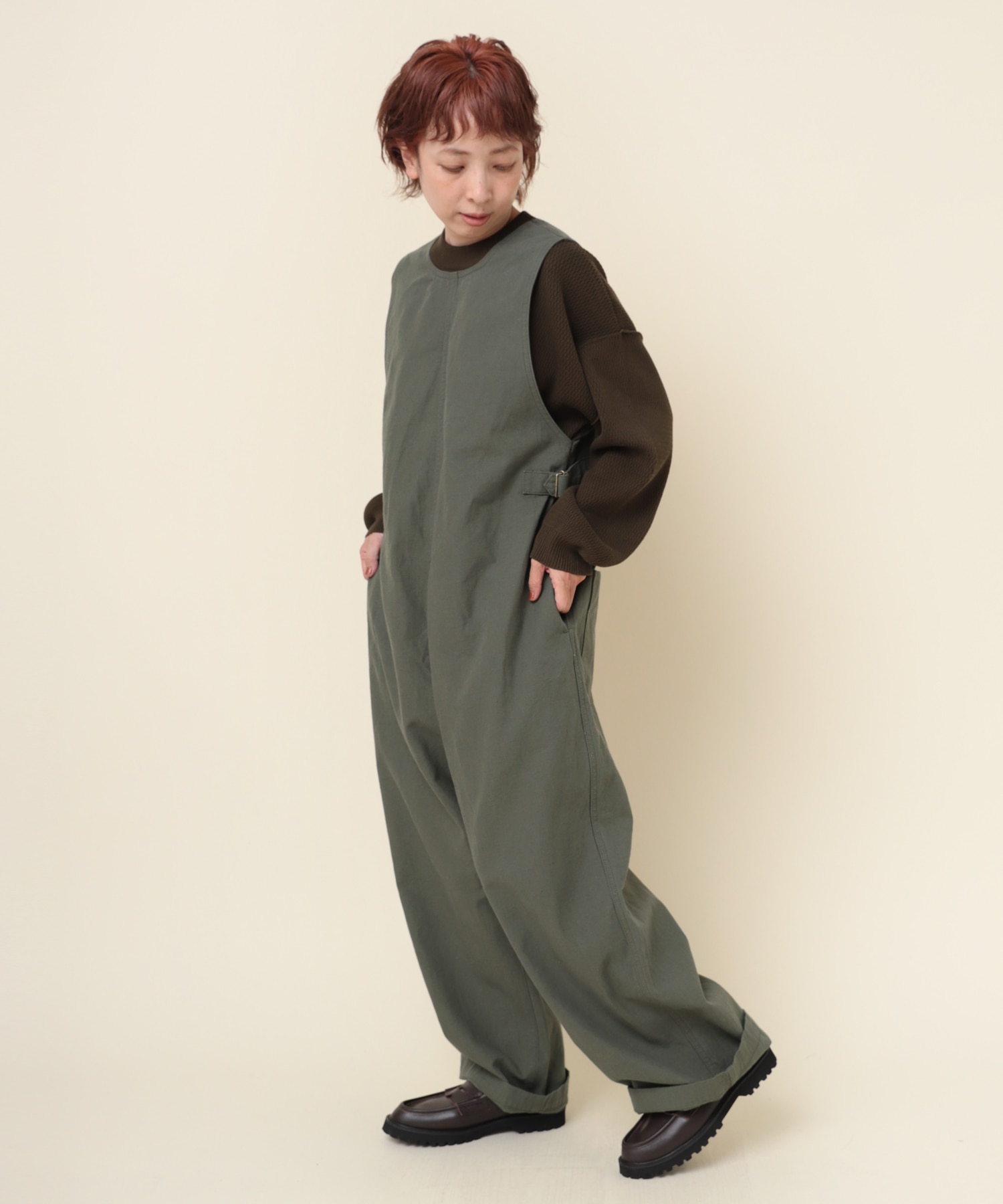 O0711 綿ヘンプワークオーバーオール(M オリーブ): オールインワン