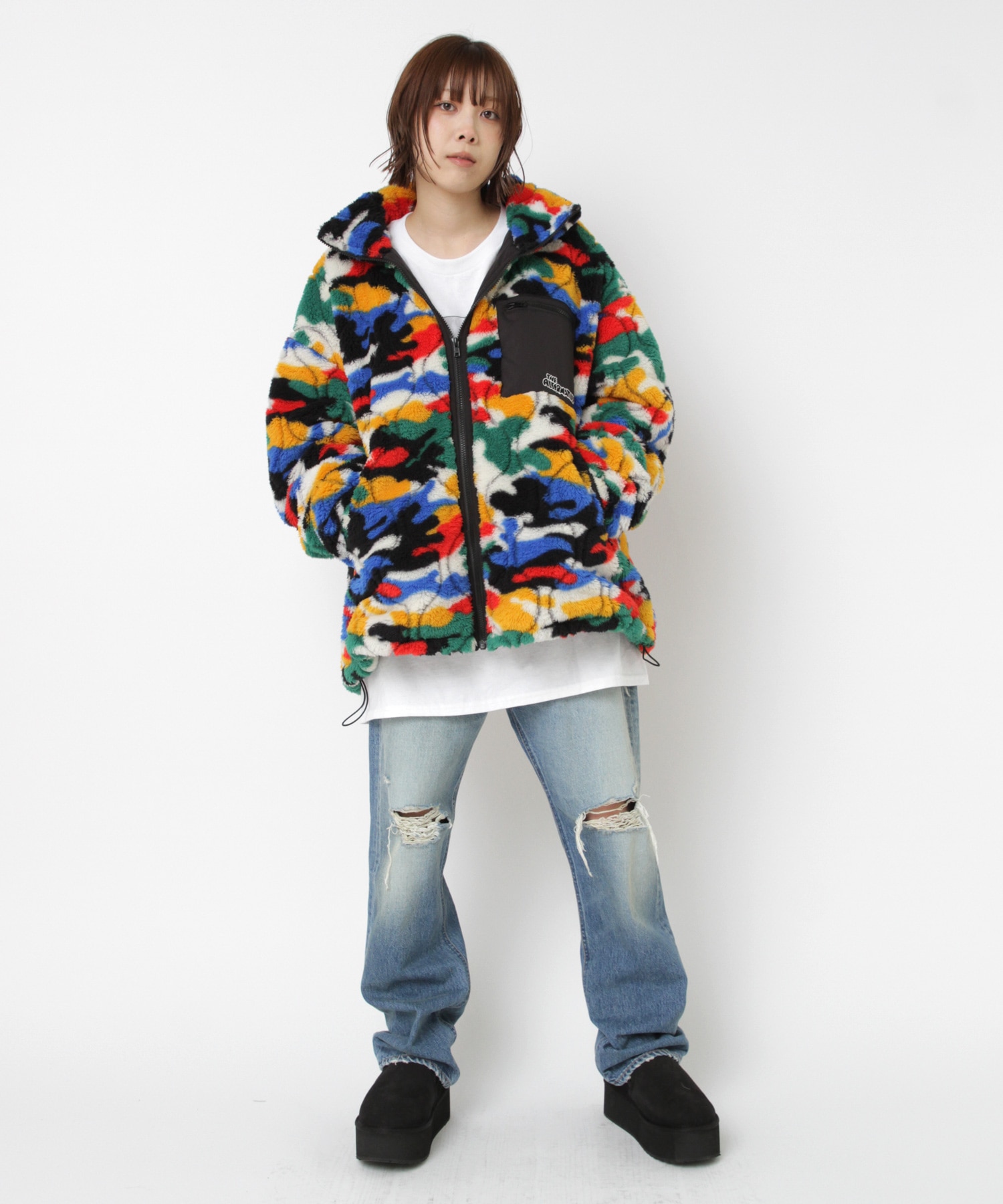 J2126 キルティングジャガードフリースボアジャケット(M カラフルカモ
