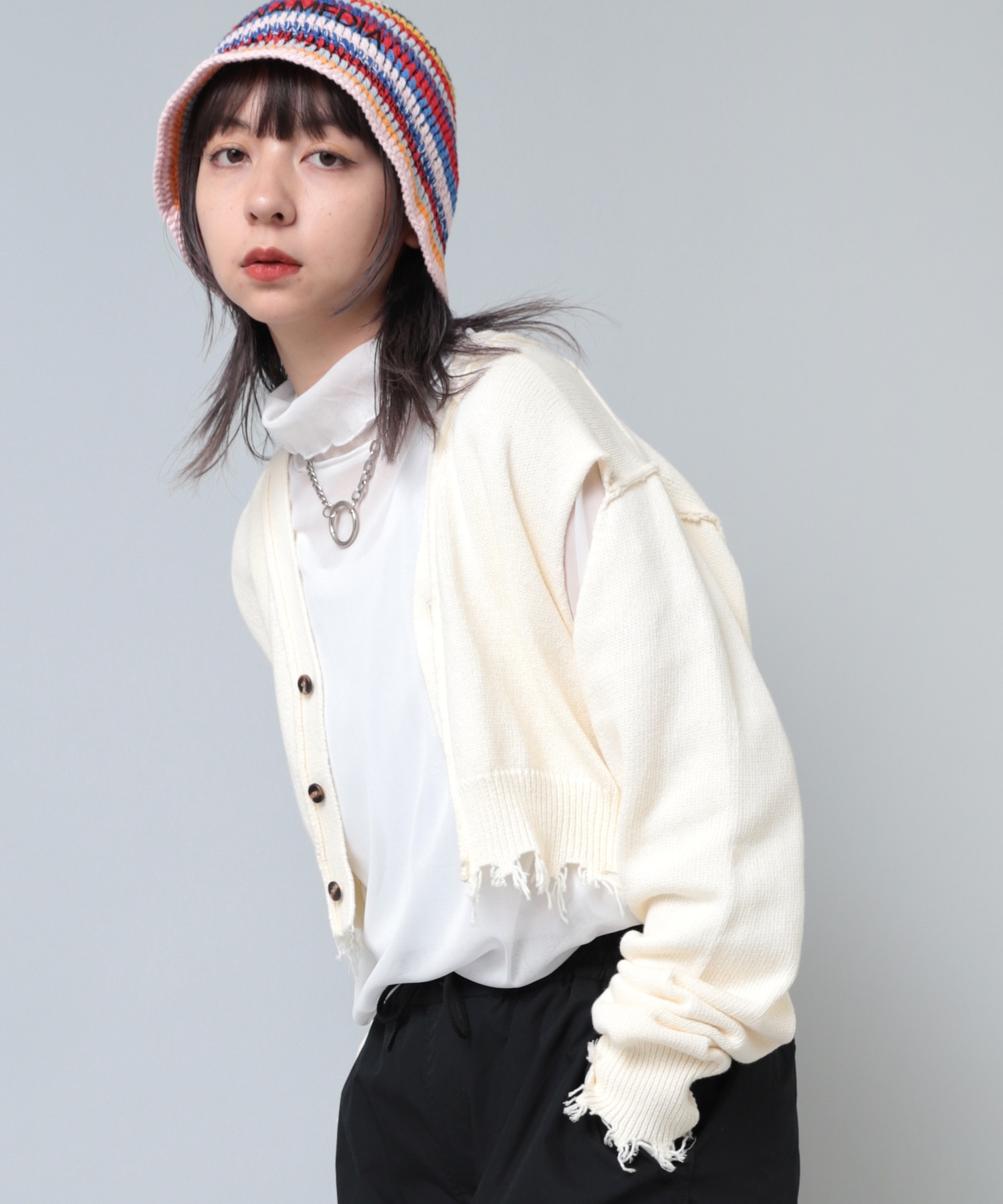 K2623 クロップドダメージカーディガン(M ホワイト): トップス - RNA