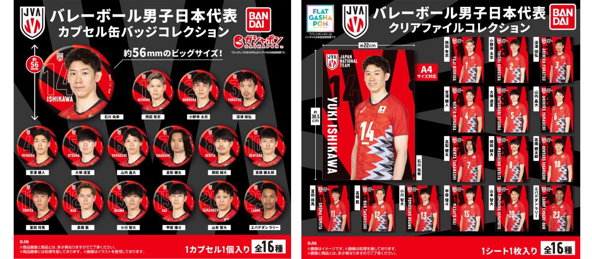 バレーボール男子日本代表選手の缶バッジとクリアファイルがカプセル
