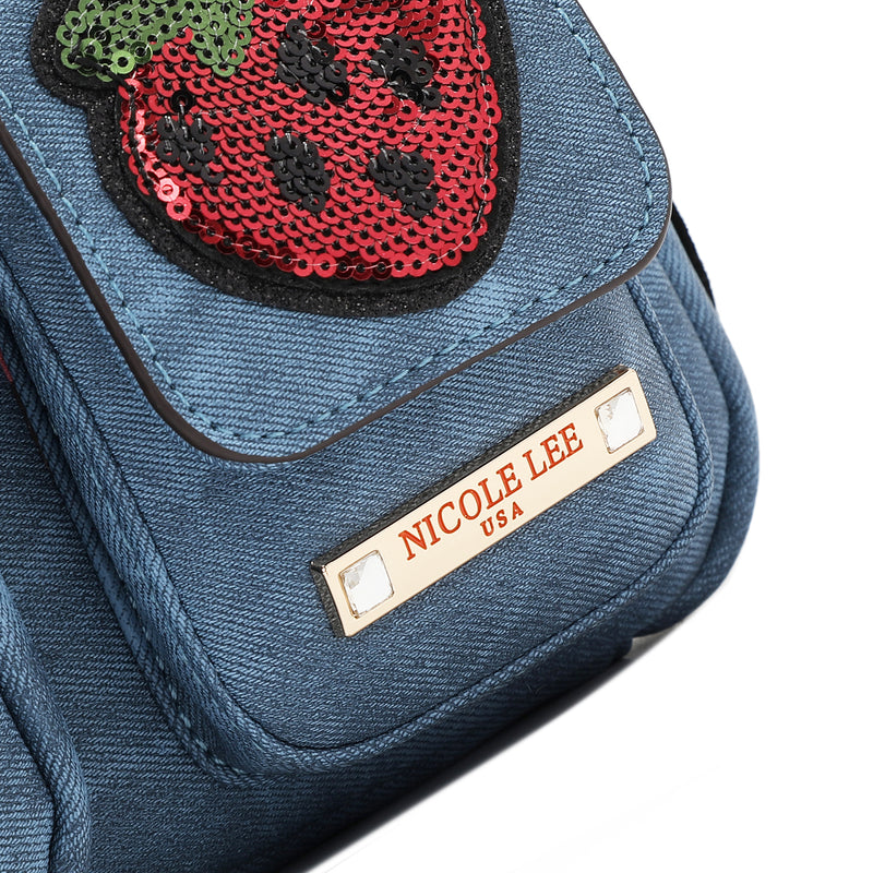 Multi Patch Zipper Bag, Medium/Large Vegan Leather with Denim Look