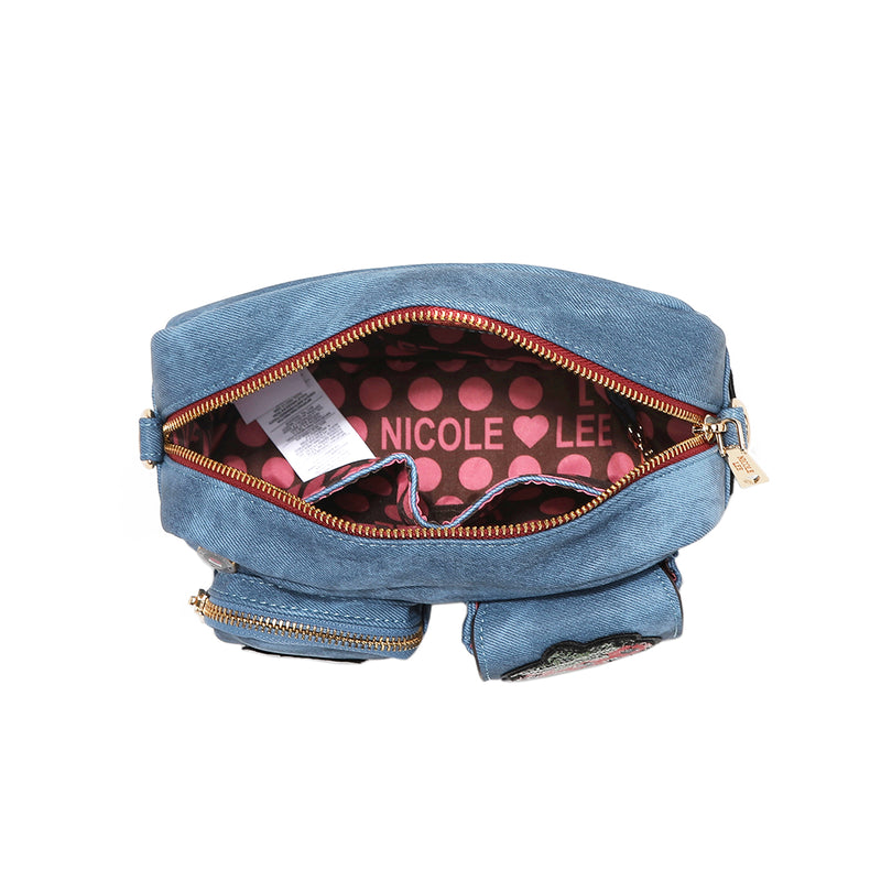 Multi Patch Zipper Bag, Medium/Large Vegan Leather with Denim Look