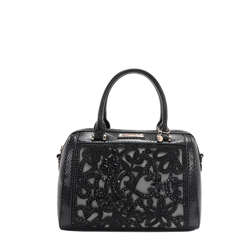 Black Lace Boston Bag with faux snakeskin accents and a lace