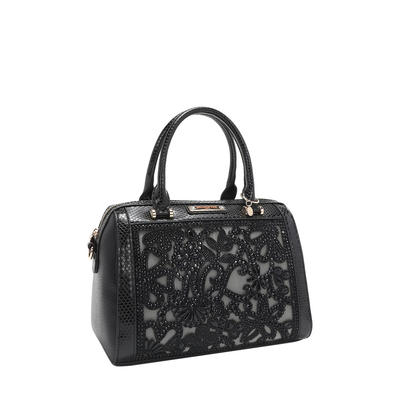 Black Lace Boston Bag with faux snakeskin accents and a lace