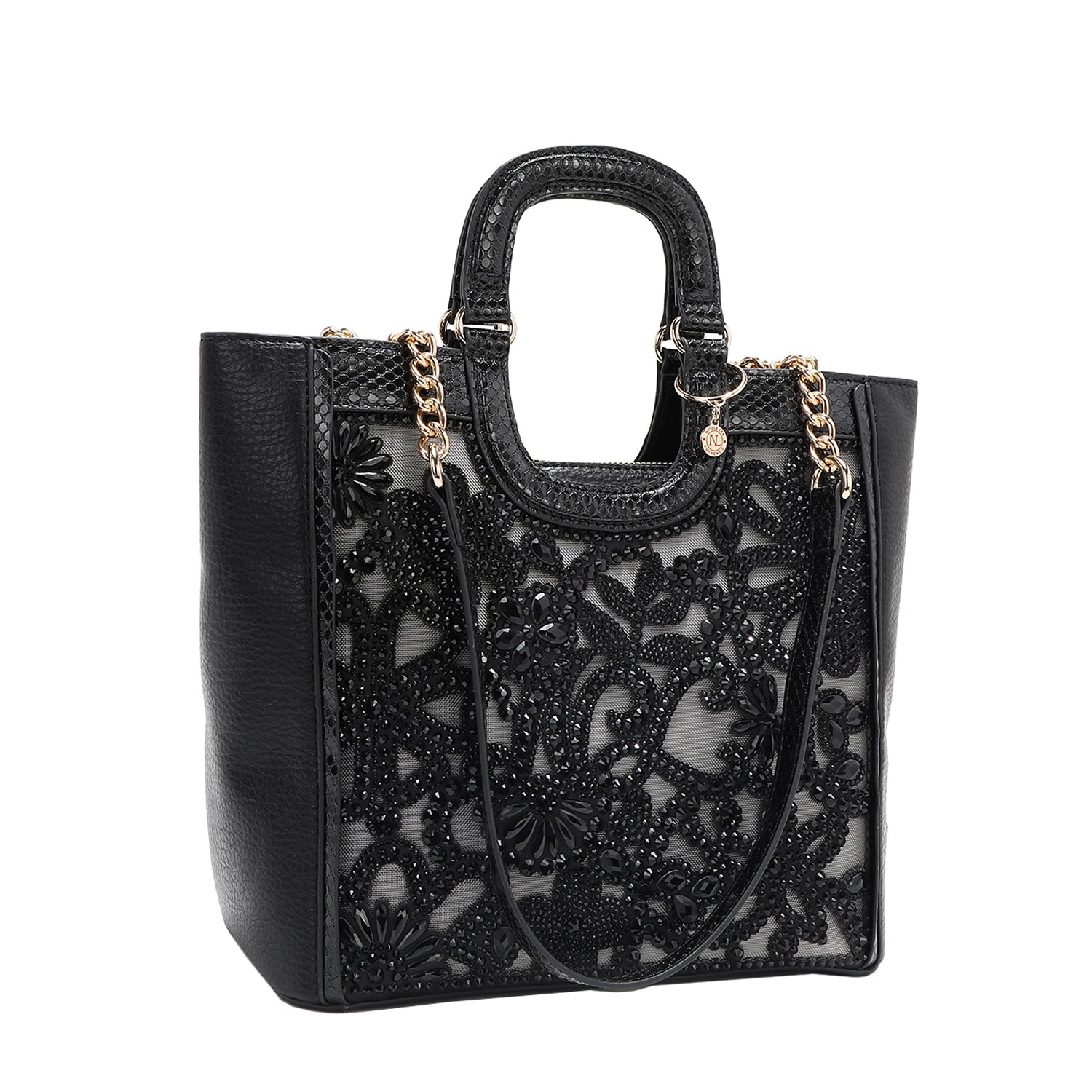 Lace Top Handle Handbag, Embellished with tonal rhinestones and
