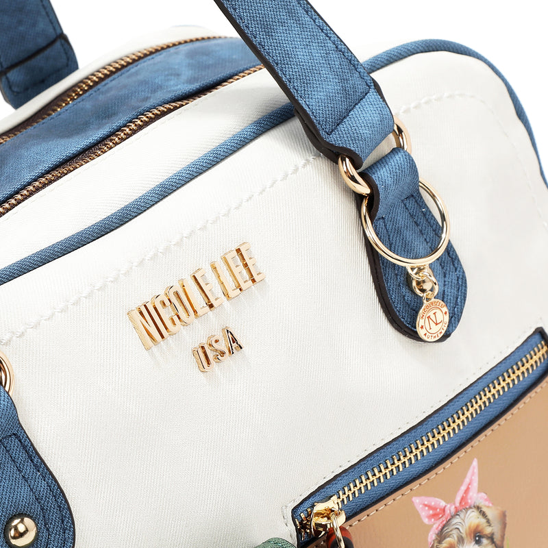 Colorblock Boston Bag with 2 Zip Compartments, Dog Print, Multiple