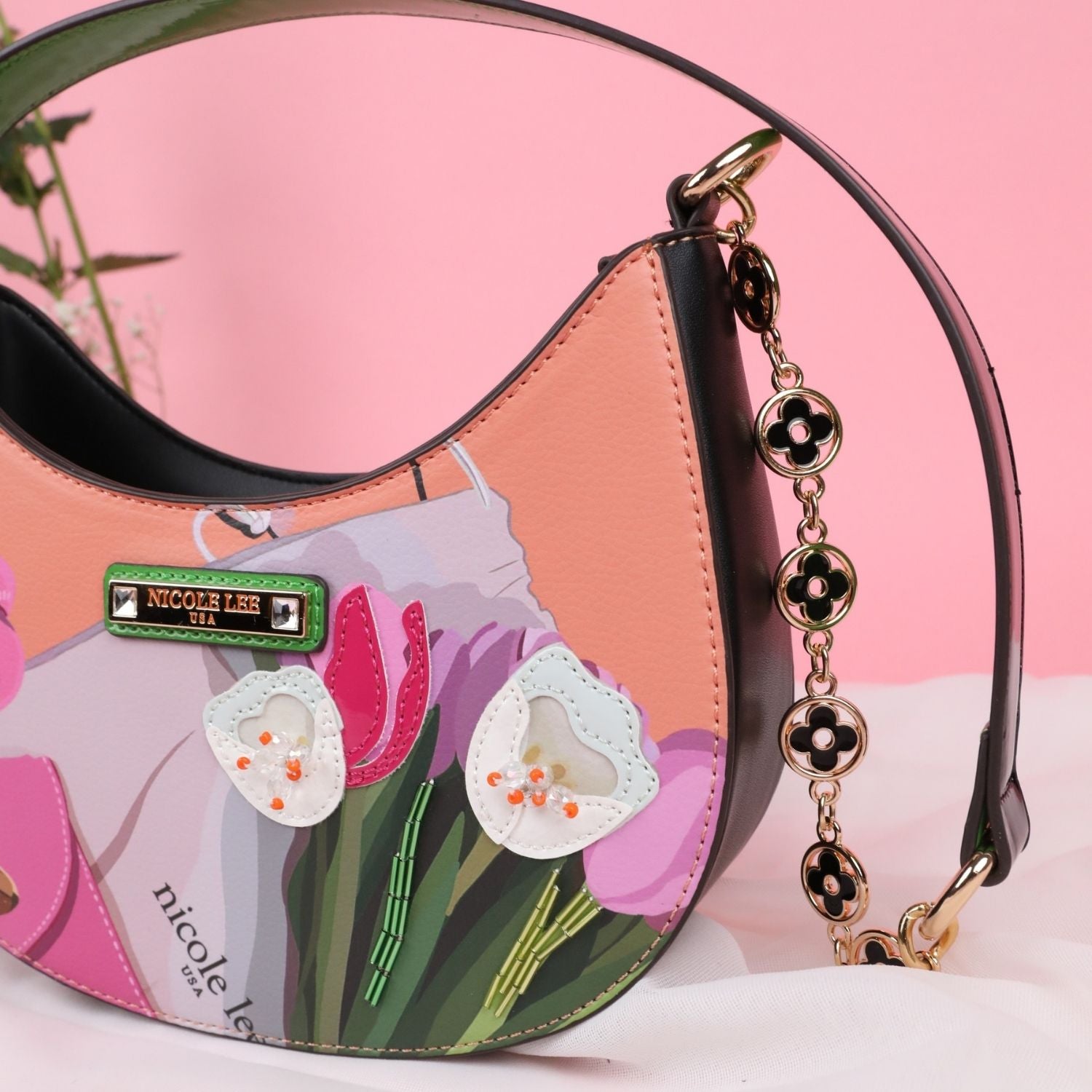 Violet Blossom Shoulder Bag with Vegan Leather Exterior with