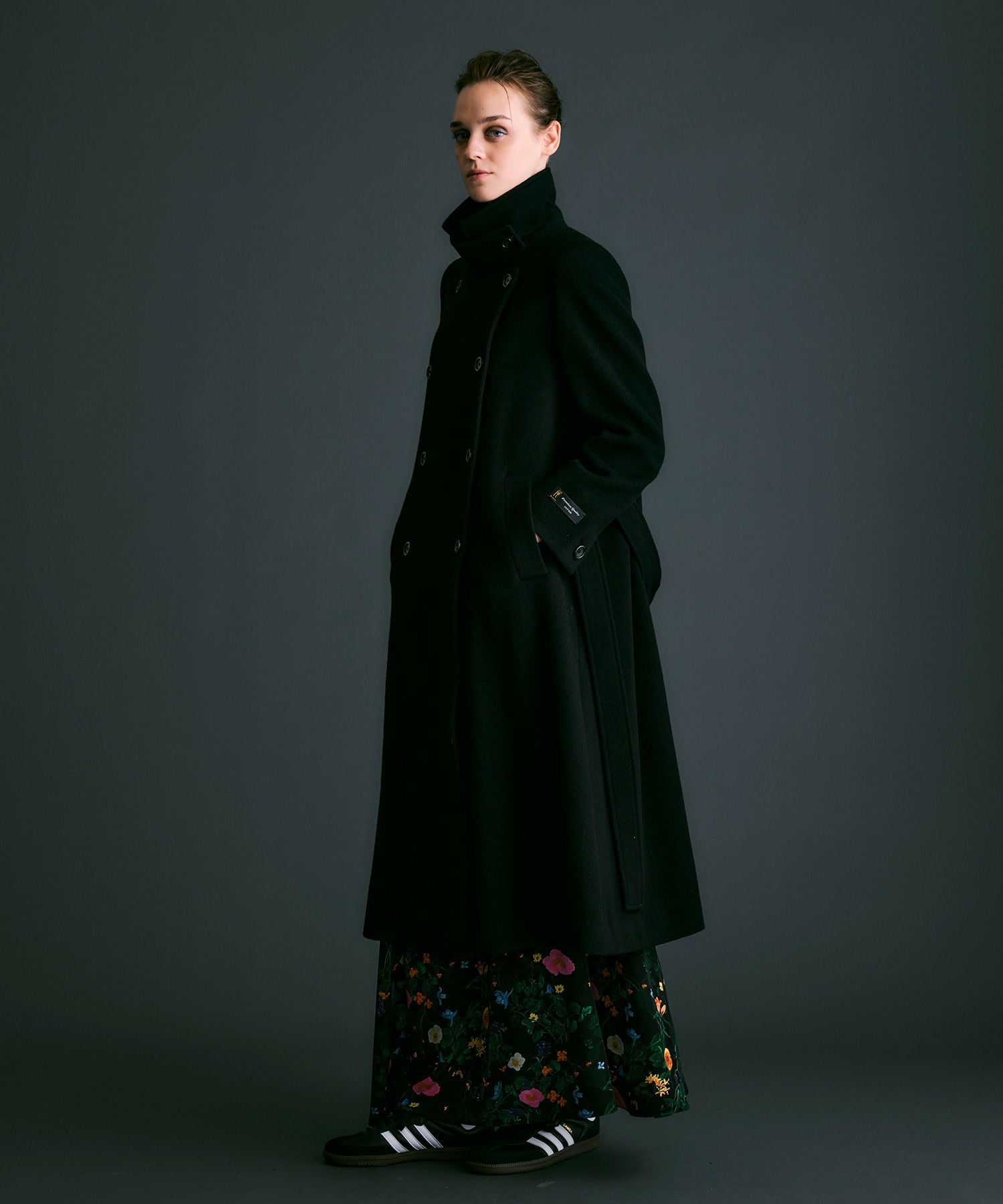 ハイブリッドウールビーバースタンドカラーロングコート*ブラック