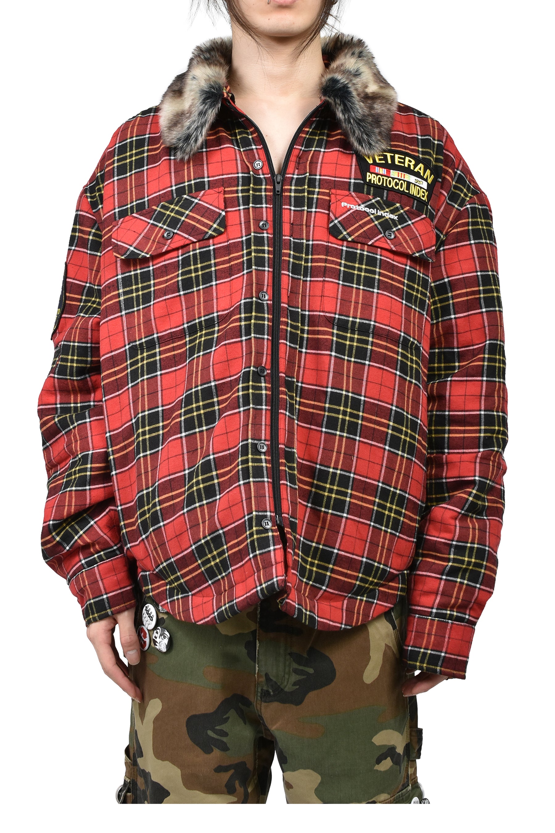 Protocol Index FW25 Fur Flannel Shirt Jacket / Red - Nubian