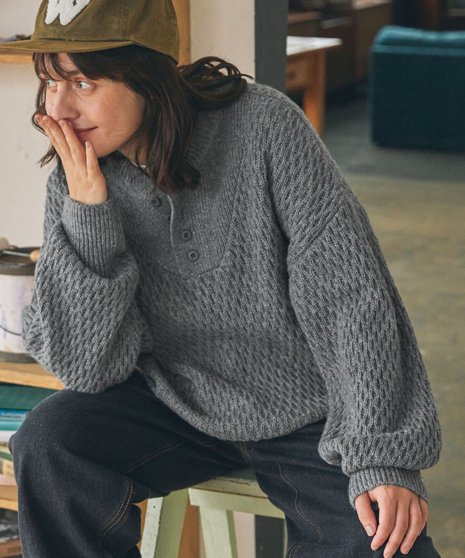 サーマル編みニットヘンリーネックミリタリージープセーター MONO-MART