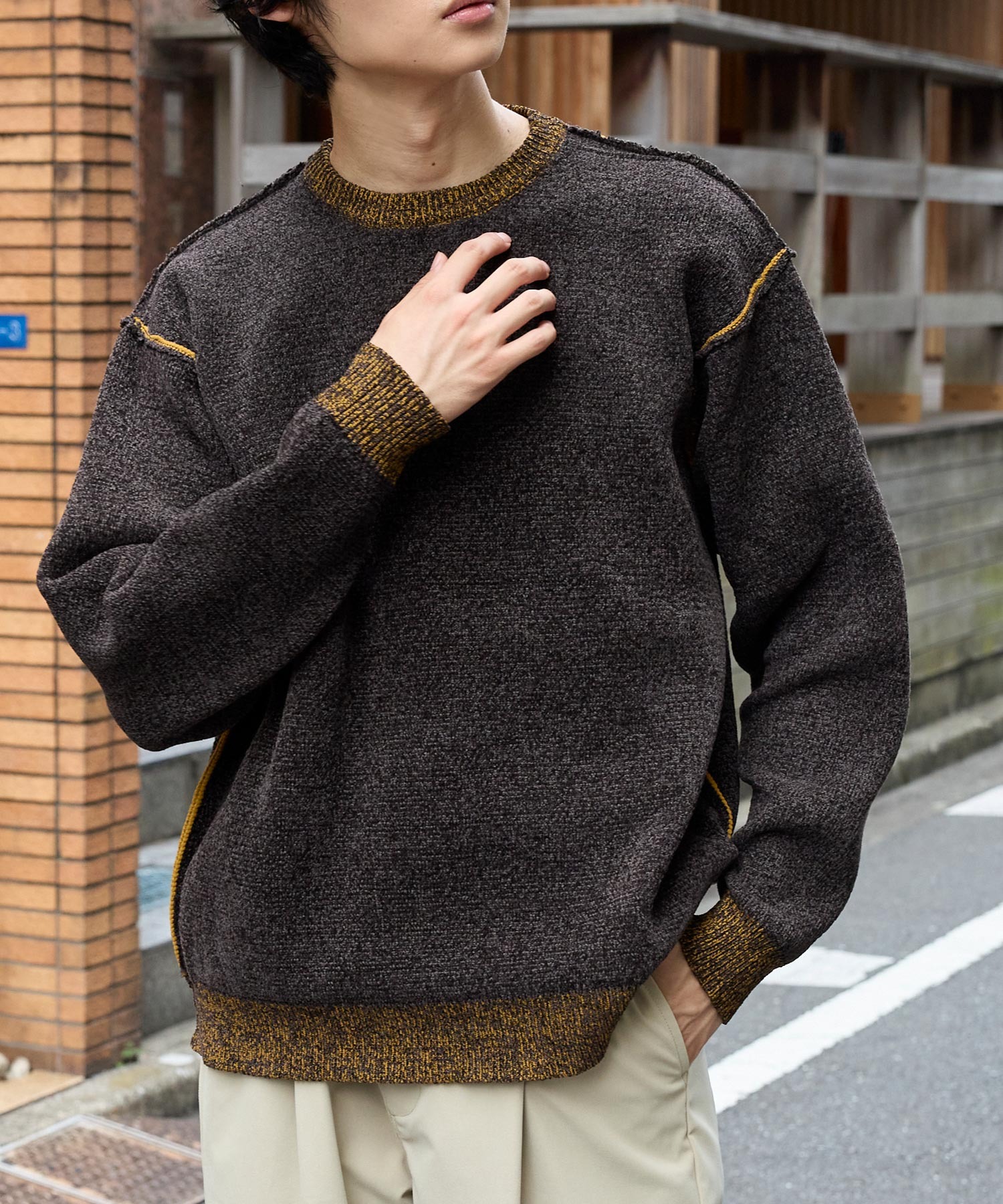 マシンウォッシャブル/アンチピリング＞アウトリンキング配色クルー