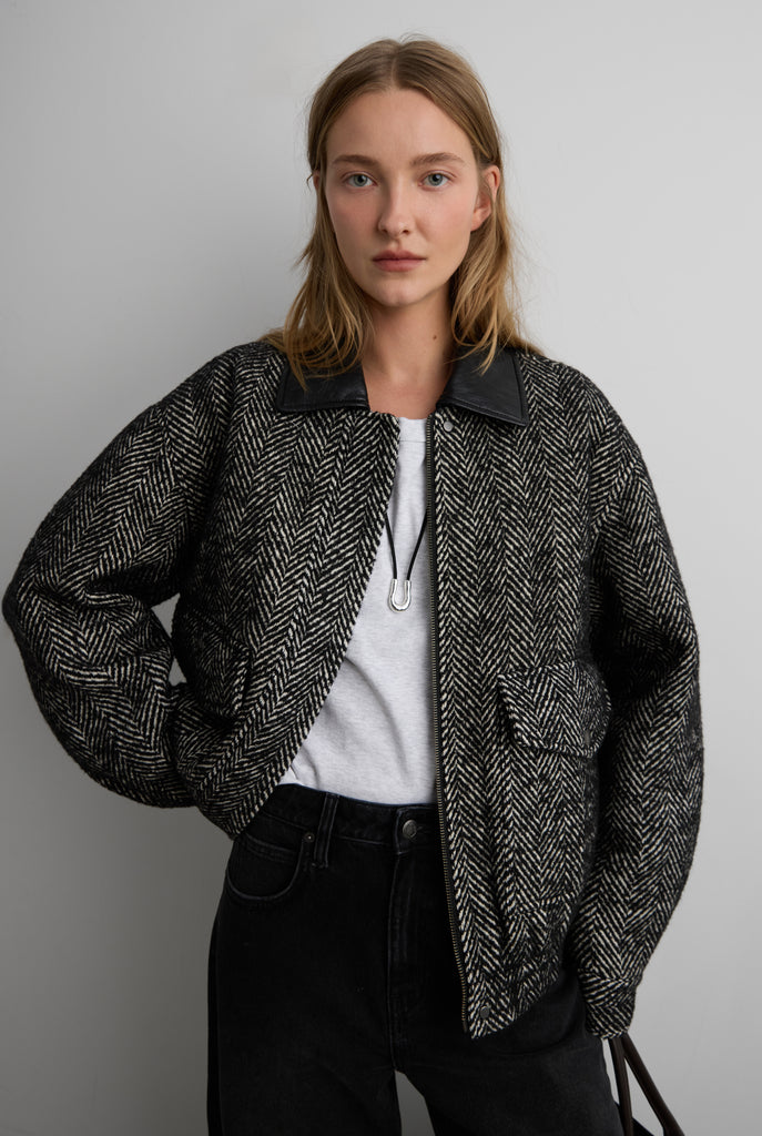 Wool Blend Herringone Bomber Jacket | OAK + FORT