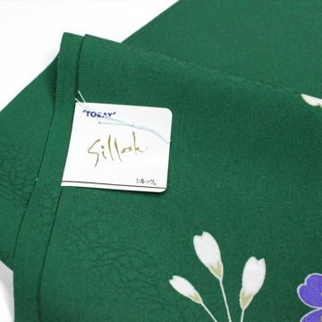 東レシルック 小紋k1123緑色／しだれ桜踊りのお稽古にお勧め 東レ
