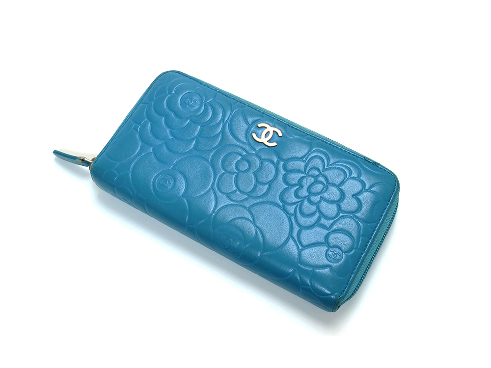 シャネル カメリア ブルー ラムスキン 長財布 A50085 | 【オオクラヤ