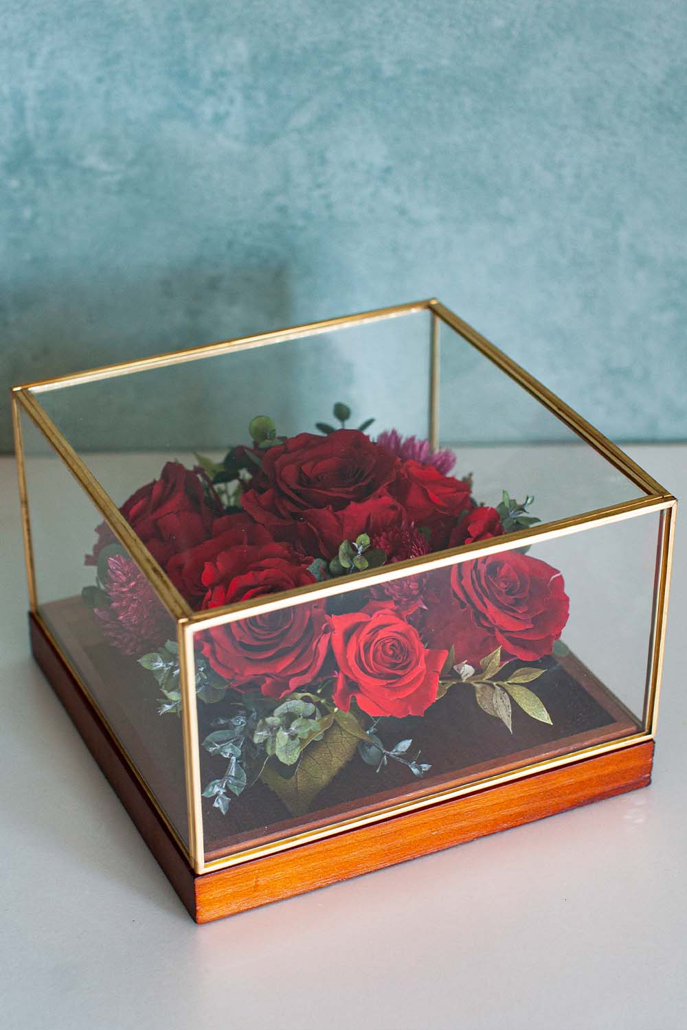 プリザーブドフラワー ガラスケース(正方形・中) ワインレッド YOSHIKI