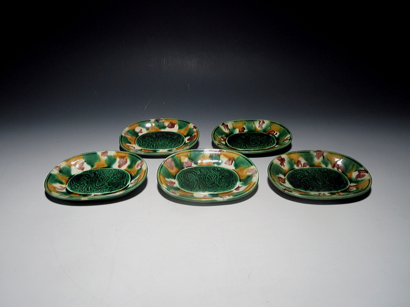 珉平焼 三彩龍文 小判形 小皿 5枚組【江戸後期】 ｜ 古陶磁 大林師友堂