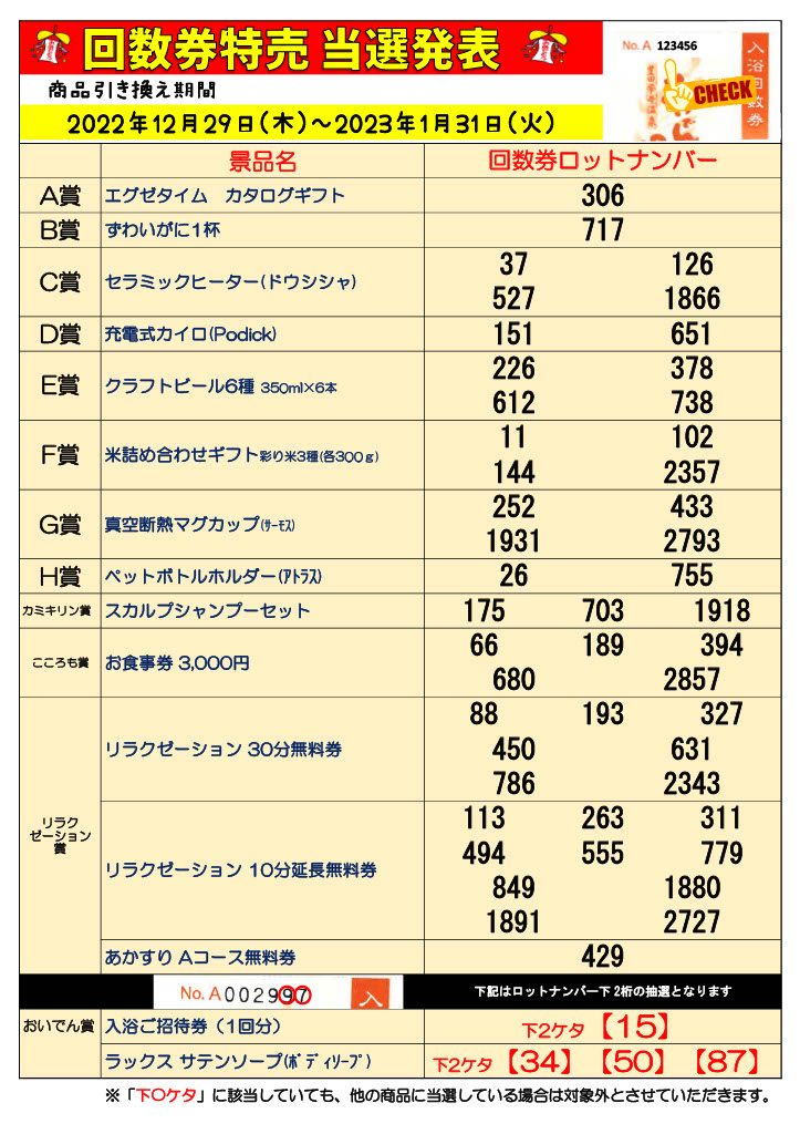 回数券特売の抽選結果発表！ | 豊田挙母温泉 おいでんの湯