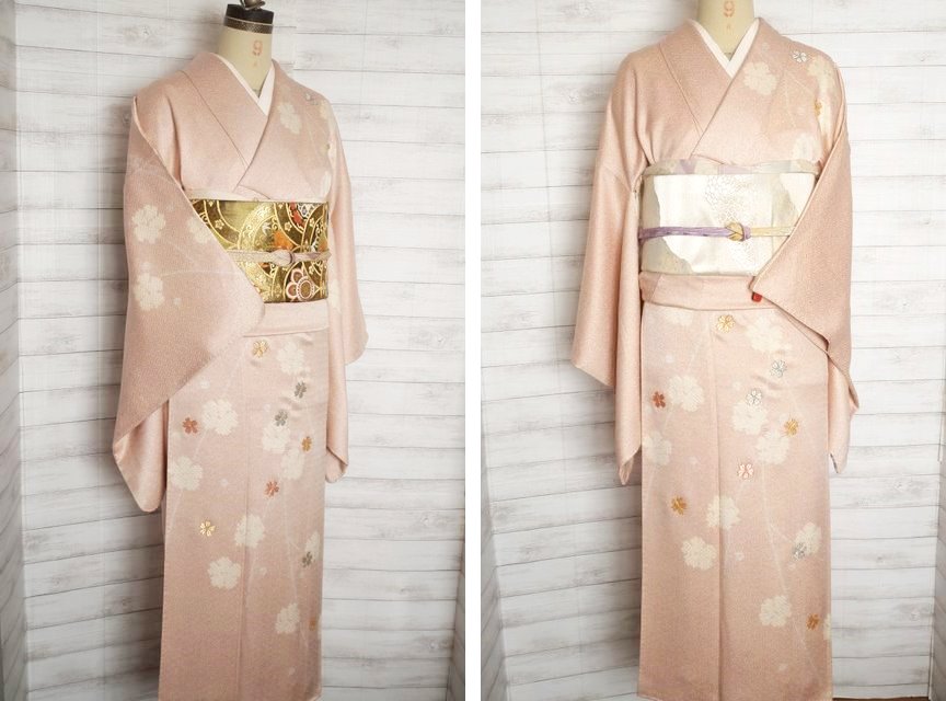 着物10 正絹 友禅染 染め分け 桜梅 袷 訪問着 作家物！