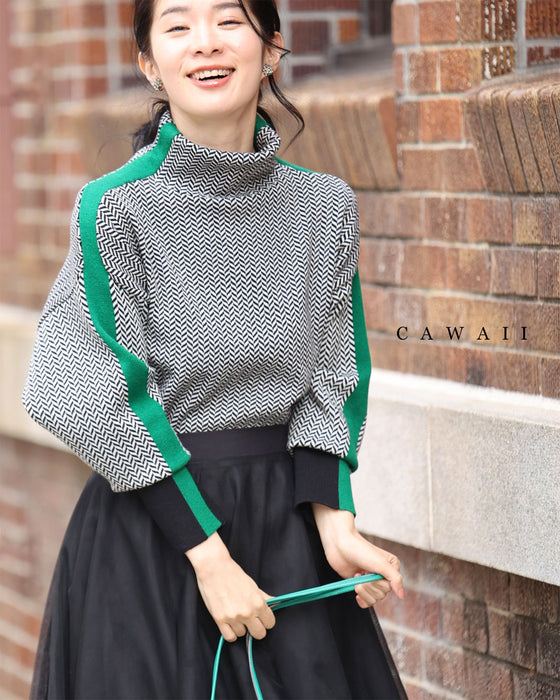 首元から流れる緑ラインのジグザグニットプルオーバートップス – ONE