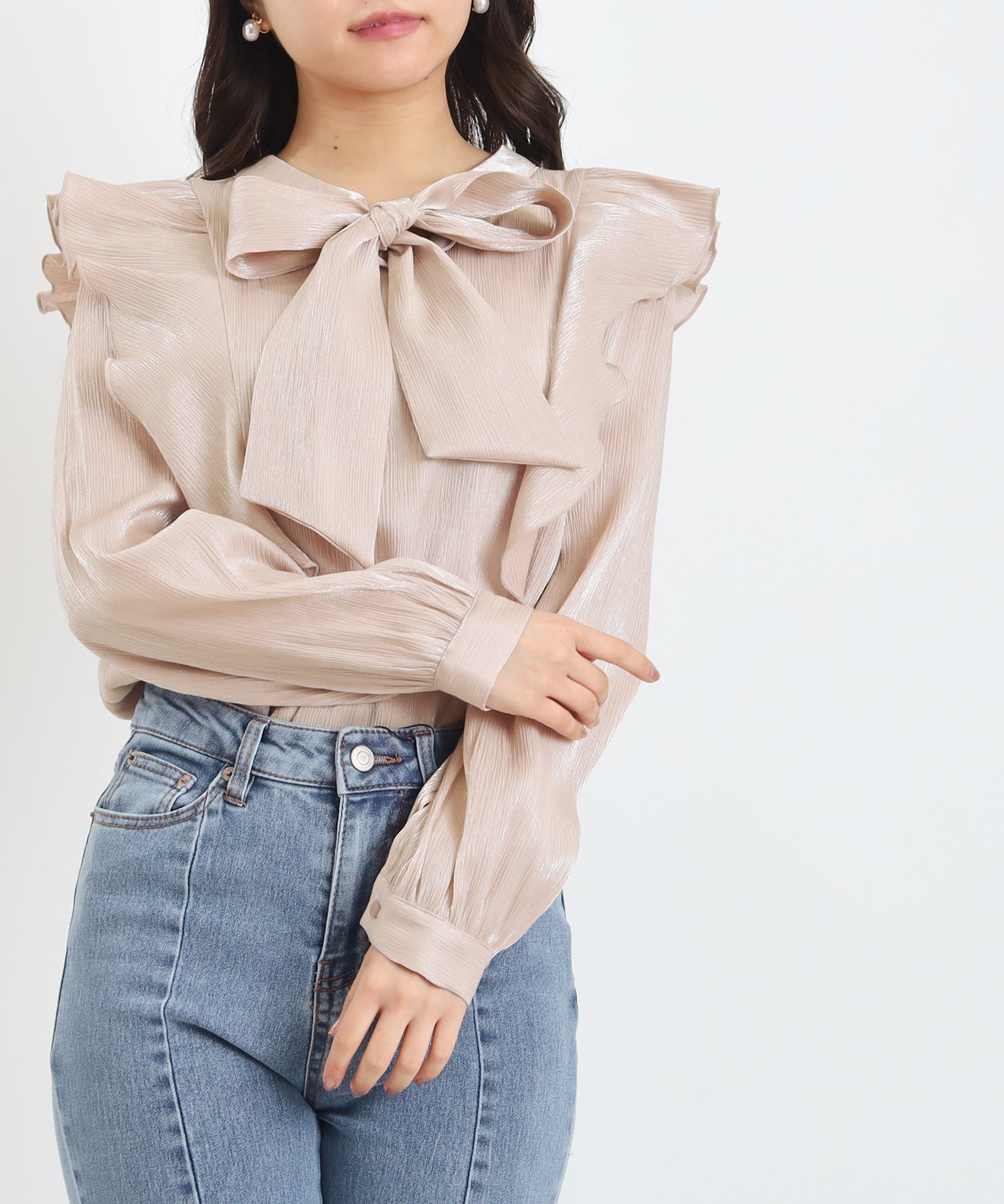 ラメ楊柳ボウタイフリルブラウス