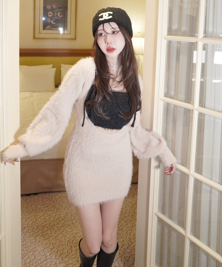 feather front cut onepiece×cable ribbon cami set(M PINK BEIGE