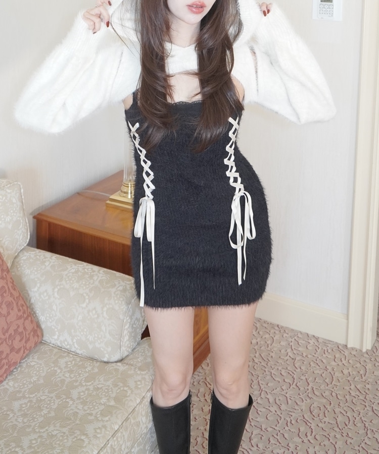 feather foodie tops×lace up onepiece set(M IVORY): ワンピース