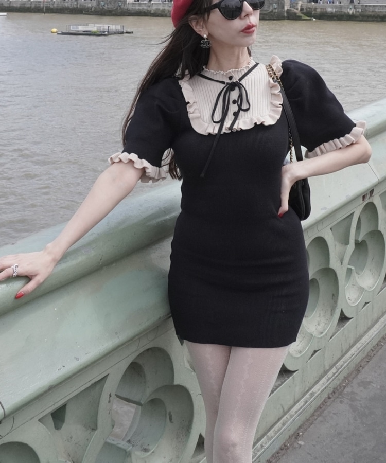 french ruffle ribbon onepiece(M BLACK/BEIGE): ワンピース｜PMbox