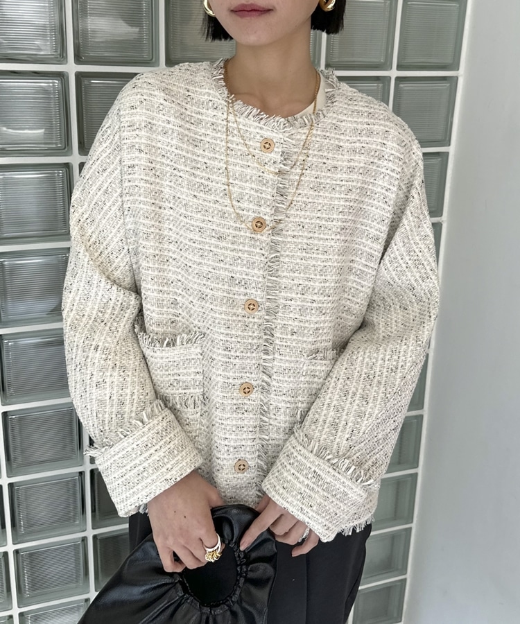 ドルマンスリーブツイードノーカラージャケット(F WHITE/BLACK