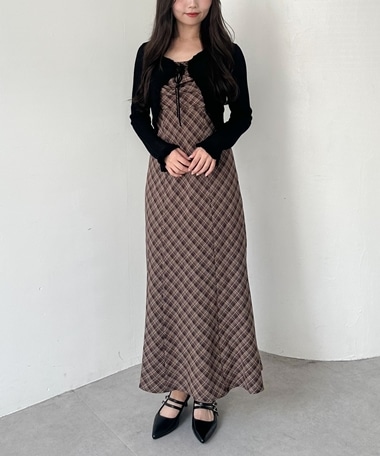 バイアスチェックドレープキャミワンピース(M BROWN): ワンピース