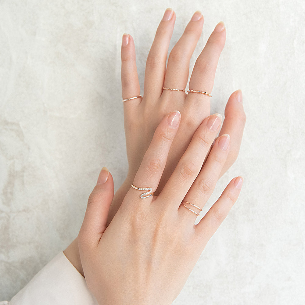 リング ニッケルフリー メタル ストーン ウェーブ ライン ドット 2連風