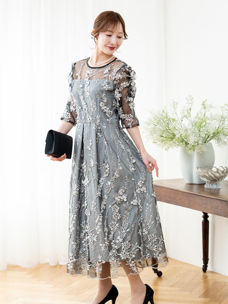 花柄刺繍レースドレス(ブラック)H1-402BL-M | OTONA DRESS