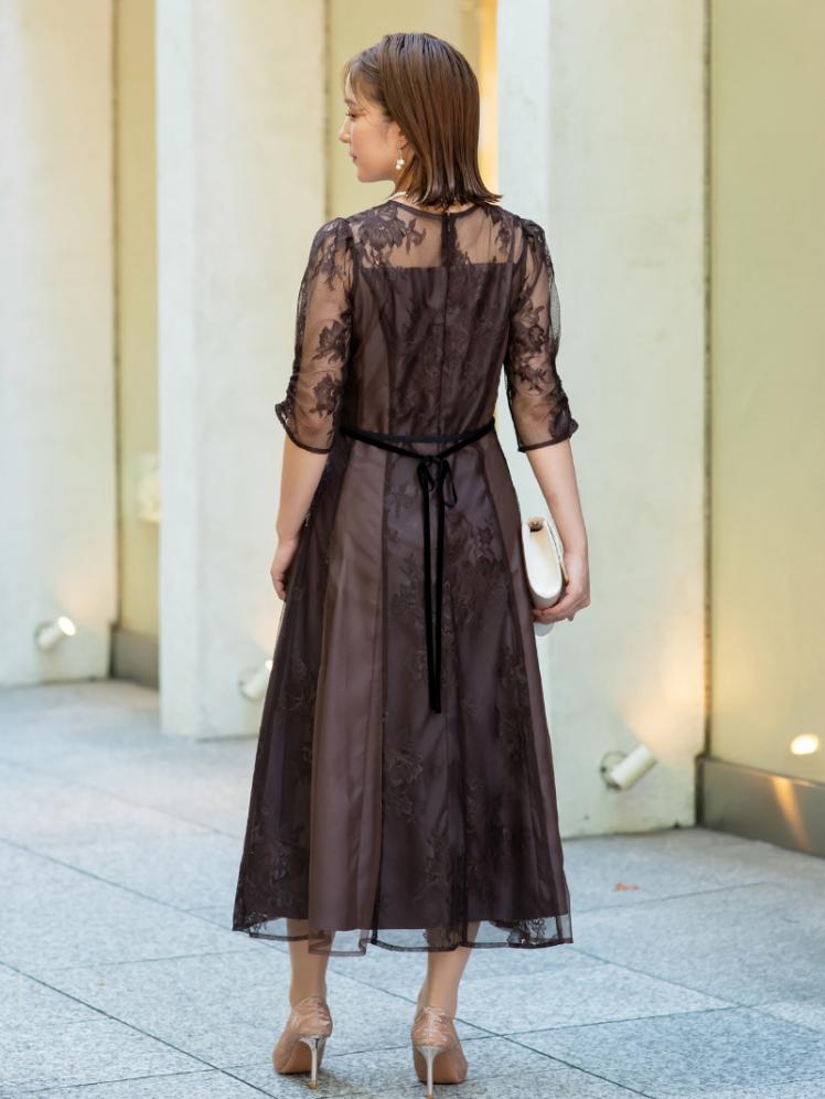 レース×チュール切替ベロアリボン付ドレス(ブラウン)CR1-417BR-S