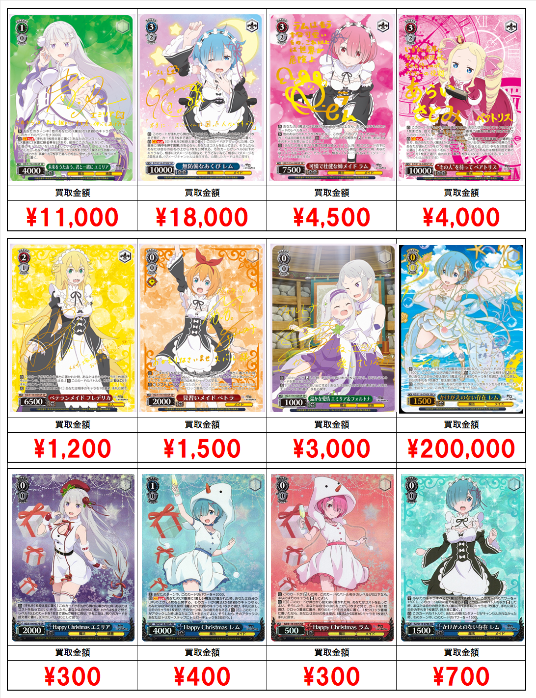 11/22(金)発売WS 「Re:ゼロから始める異世界生活Vol.3」買取リスト