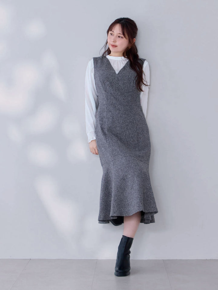 ツイードライクマーメイドワンピース：ミックスブラック│胸が大きな