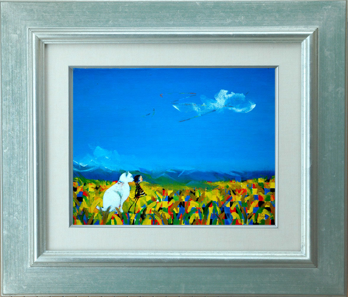 油絵菅家令子絵 絵画インテリア額付(青緑＋金色の枠)F4-040214猫親子