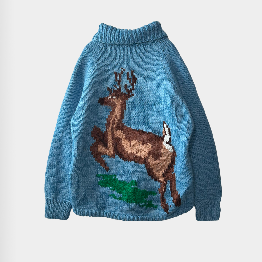 90's Unknown Brand カウチンセーター トナカイ 青(サイズ不明)/A6035O