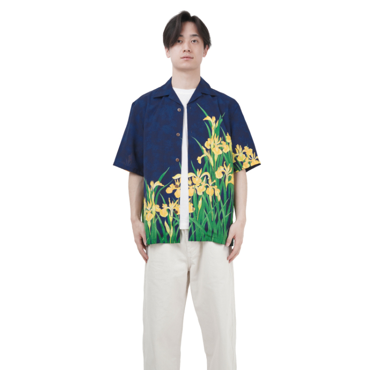 尾形光琳 ドライアロハシャツ ＜燕子花/紺黄＞ | 京友禅アロハシャツ