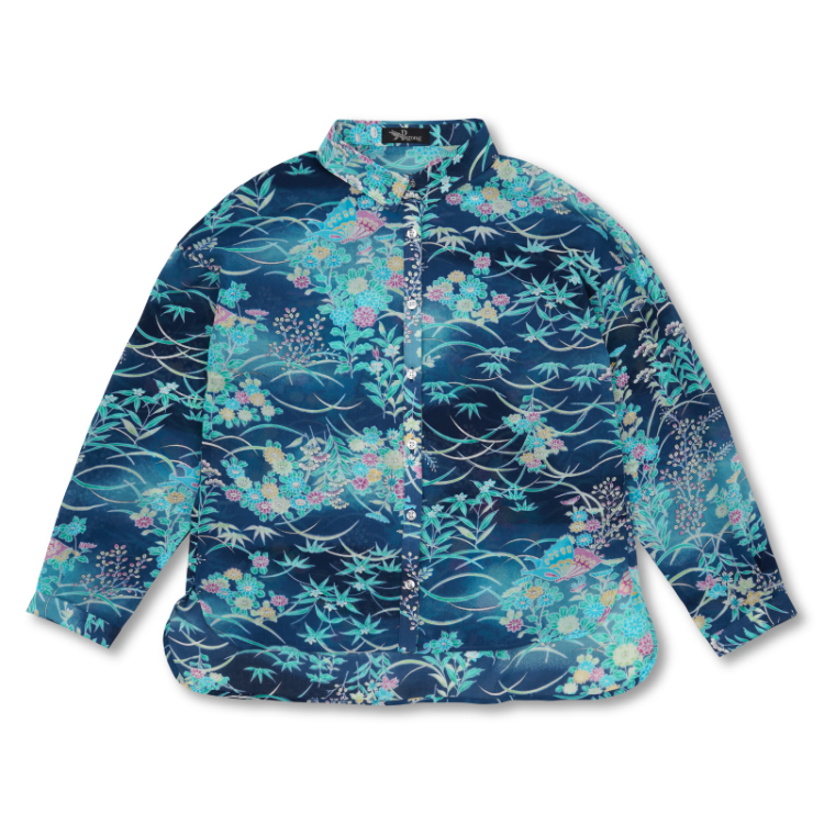 和柄 綿シフォンブラウス ＜蝶に草花/紺碧＞ | 京友禅アロハシャツ