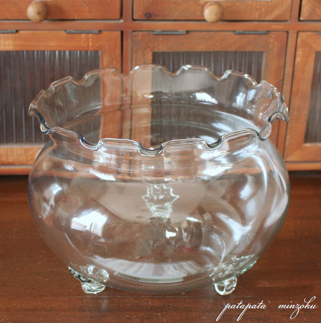 金魚鉢 ガラス 硝子 フリル L 三脚 波口 水鉢 鉢 睡蓮鉢 プランター
