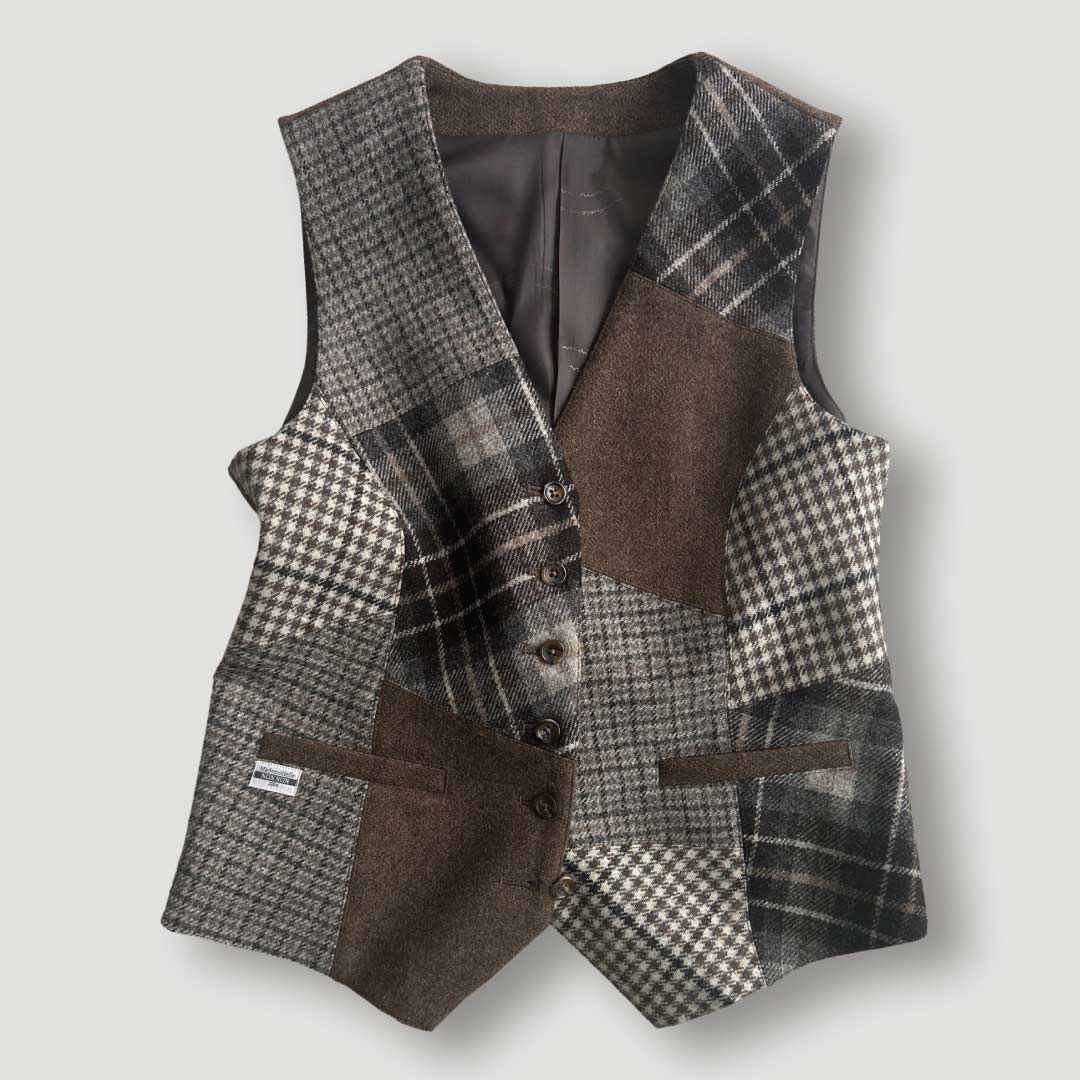お洒落☆Papasパパス パッチワークコーデュロイベスト/M ツイードの
