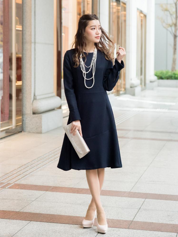 パールボタン付きフレアワンピース(ネイビー)K1-286NA-L | パーティ