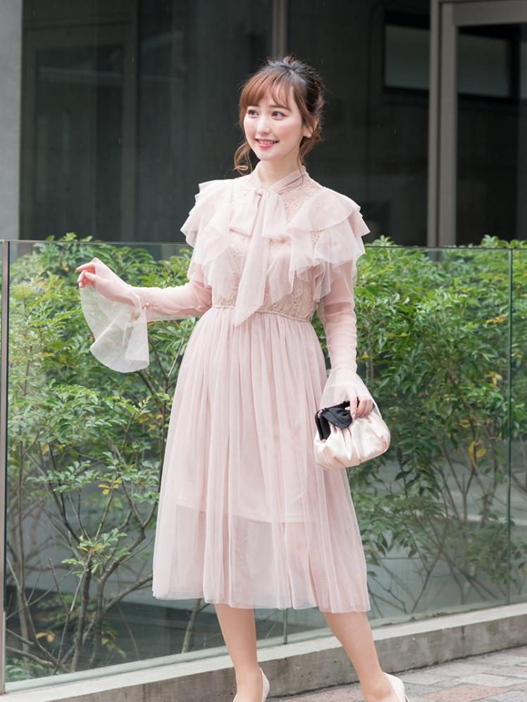 フリルネックチュールワンピース(ピンク)K1-301PI-M | パーティドレス