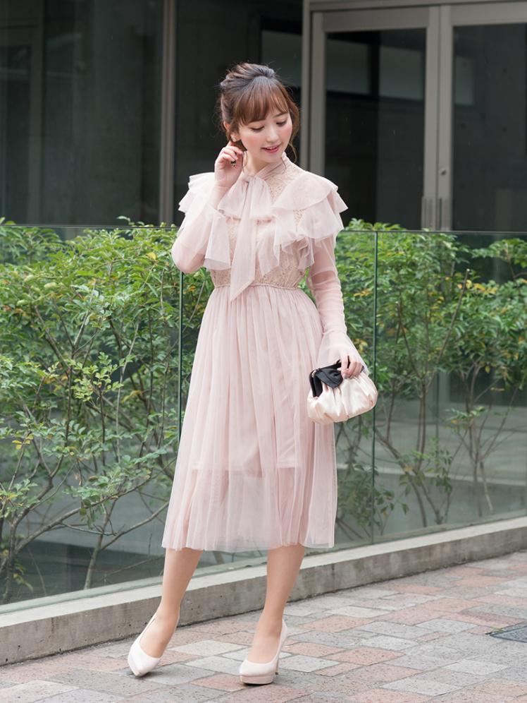 フリルネックチュールワンピース(ピンク)K1-301PI-M | パーティドレス