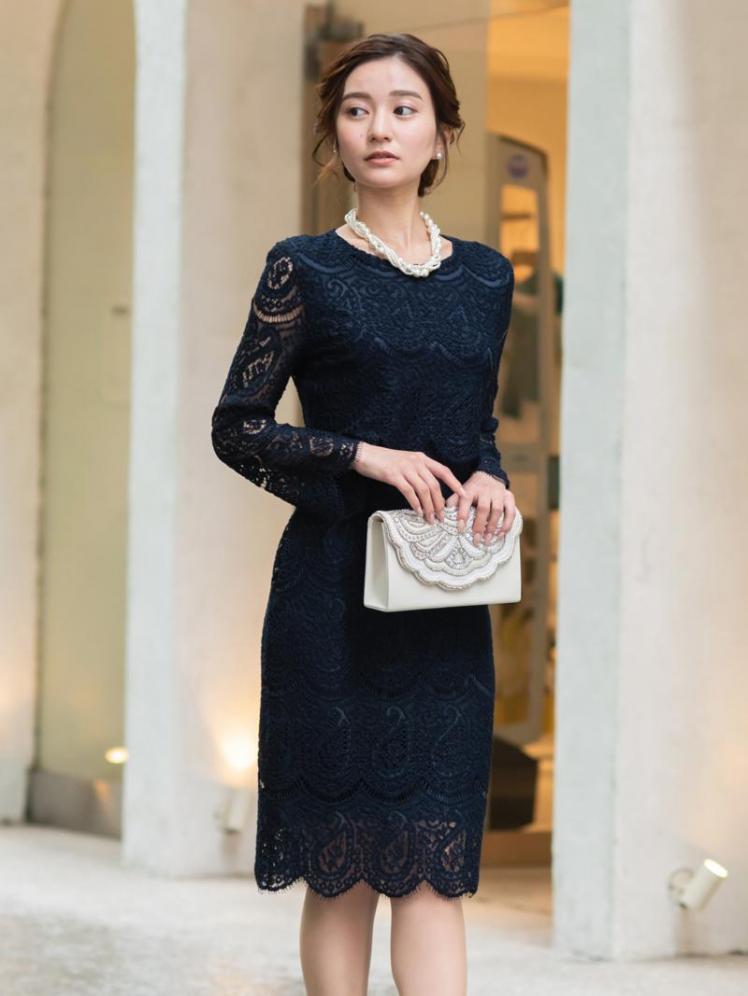 クロッシェレースタイトワンピース(ネイビー)K1-213NA-S | パーティ