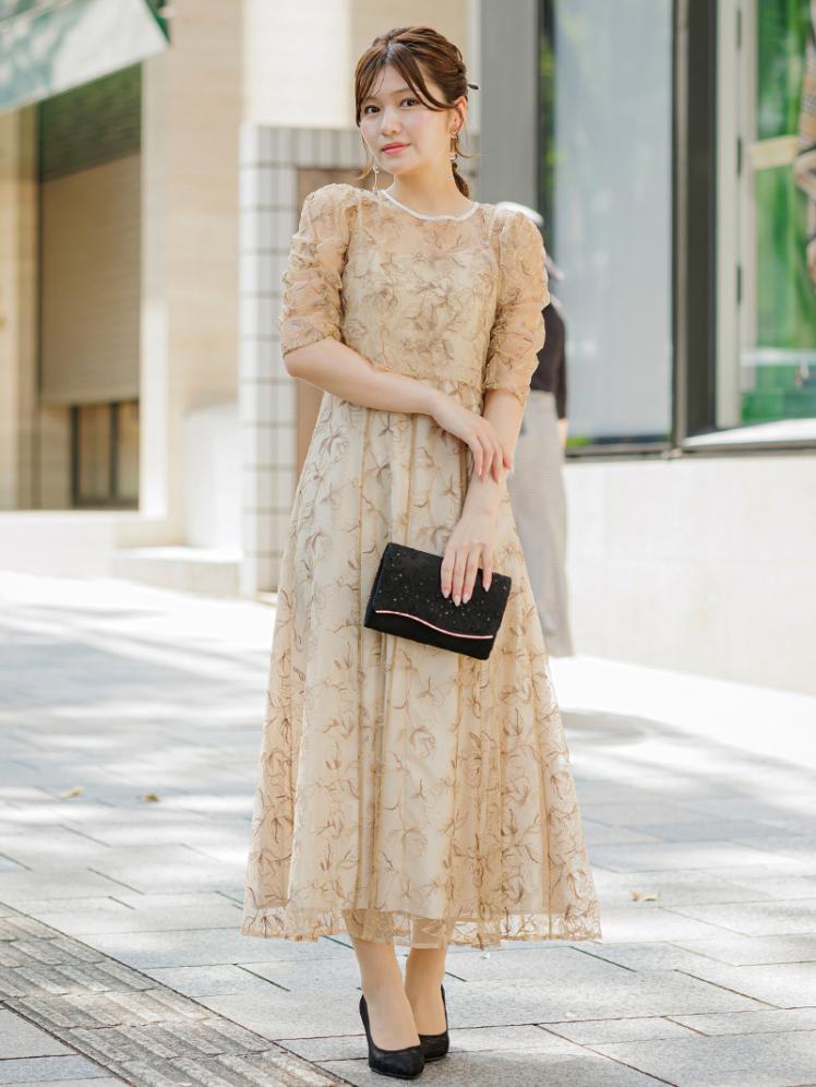 ボレロ付き花柄刺繍ドレス(ベージュ)CR1-456BE-S | パーティドレススタイル