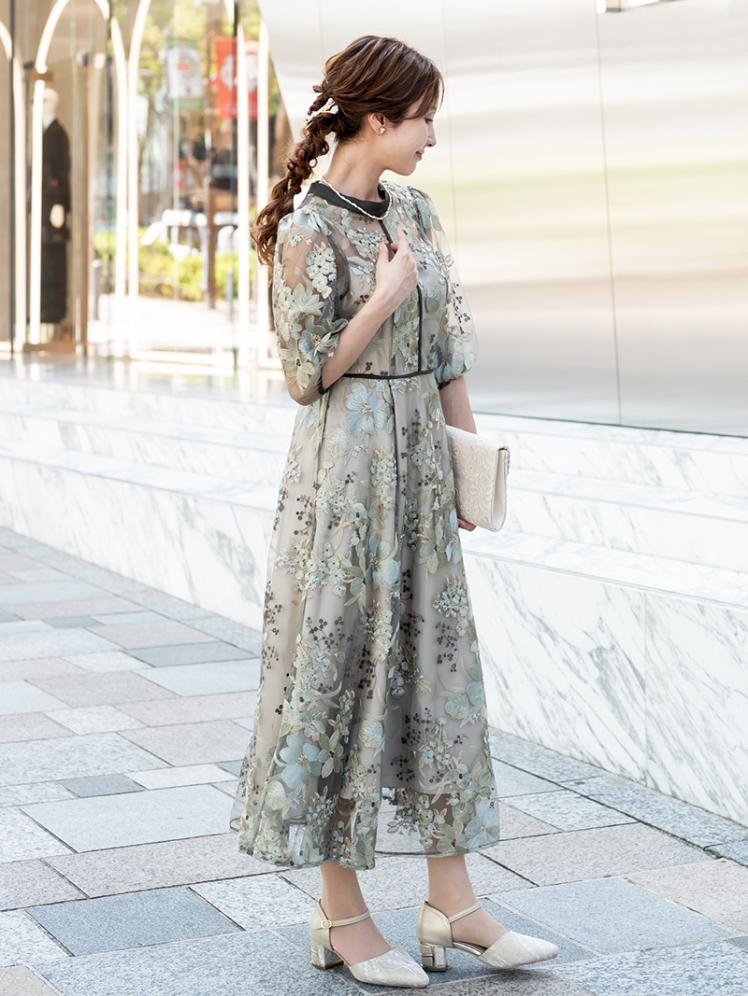 フラワー刺繍ドレス(グリーン)CL1-439GR-M | パーティドレススタイル