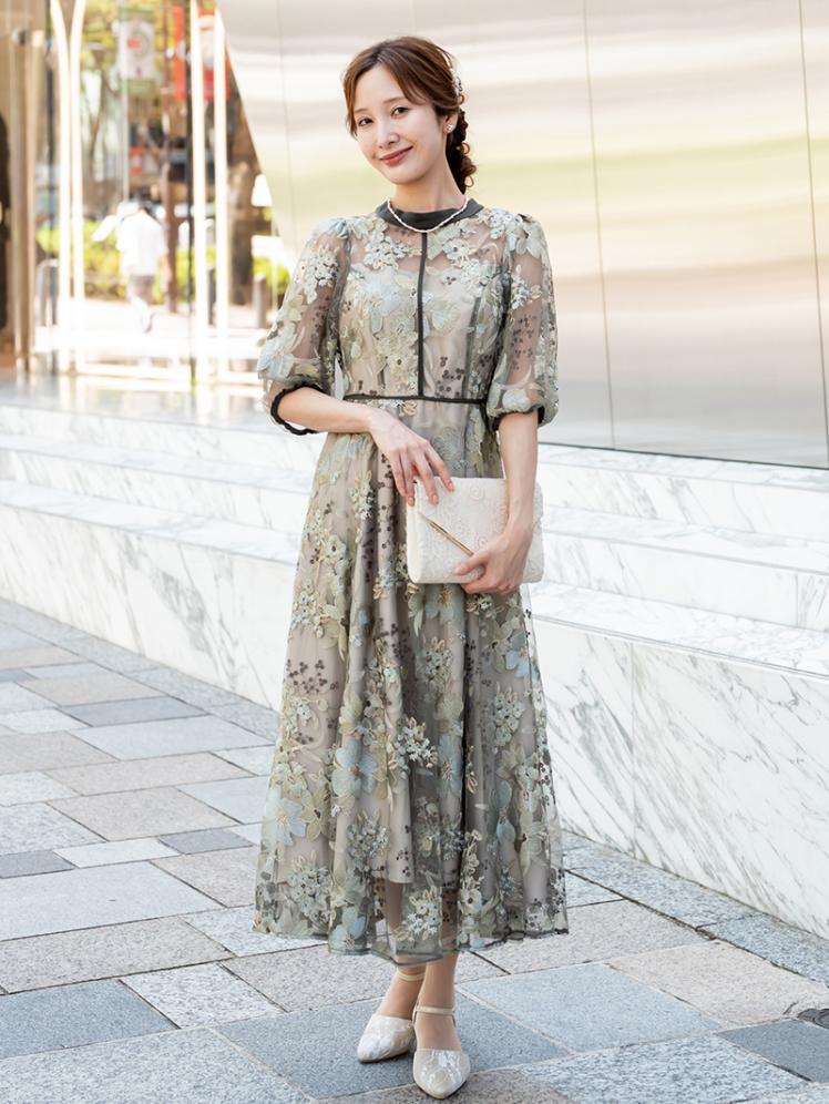 フラワー刺繍ドレス(グリーン)CL1-439GR-M | パーティドレススタイル